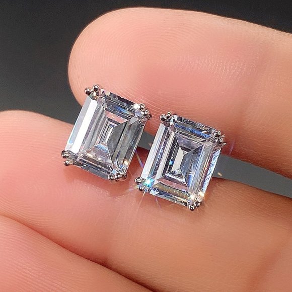 3.79Ct+ Emerald Cut Square Austrian Crystal VVS Simulated Diamond Studs Earrings - Picture 10 of 16
